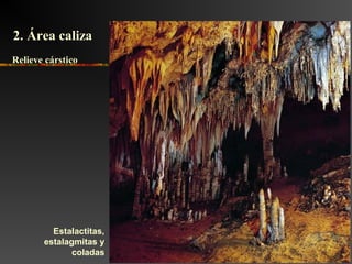 Estalactitas,
estalagmitas y
coladas
2. Área caliza2. Área caliza
Relieve cársticoRelieve cárstico
 