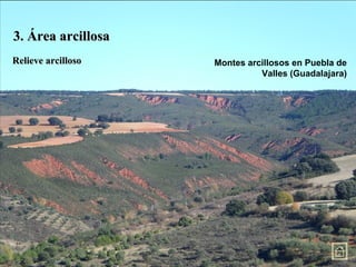 Montes arcillosos en Puebla de
Valles (Guadalajara)
3. Área arcillosa3. Área arcillosa
Relieve arcillosoRelieve arcilloso
 