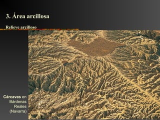 Cárcavas en
Bárdenas
Reales
(Navarra)
3. Área arcillosa3. Área arcillosa
Relieve arcillosoRelieve arcilloso
 