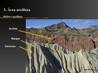 Cárcavas
3. Área arcillosa3. Área arcillosa
Relieve arcillosoRelieve arcilloso
Arcillas
Margas
 
