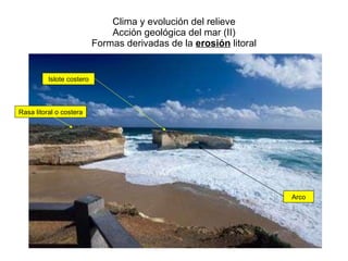 Clima y evolución del relieve Acción geológica del mar (II) Formas derivadas de la  erosión  litoral Islote costero Arco Rasa litoral o costera 
