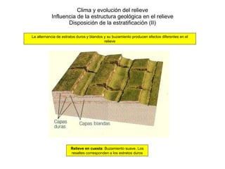 Clima y evolución del relieve Influencia de la estructura geológica en el relieve Disposición de la estratificación (II) Relieve en cuesta : Buzamiento suave. Los resaltes corresponden a los estratos duros La alternancia de estratos duros y blandos y su buzamiento producen efectos diferentes en el relieve 