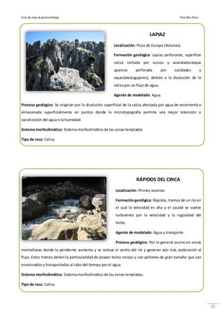 Guía de viaje de geomorfología                                                                 Pilar Blas Pérez




                                                                             LAPIAZ

                                                       Localización: Picos de Europa (Asturias).

                                                       Formación geológica: Lapiaz perforante, superficie
                                                       caliza cortada por surcos y acanaladurasque
                                                       aparece      perforada         por   cavidades             y
                                                       oquedales(agujeros), debido a la disolución de la
                                                       caliza por un flujo de agua.

                                                       Agente de modelado: Agua.

Proceso geológico: Se originan por la disolución superficial de la caliza afectada por agua de escorrentía o
almacenada superficialmente en puntos donde la microtopografía permite una mejor retención o
canalización del agua o la humedad.

Sistema morfoclimático: Sistema morfoclimático de las zonas templadas

Tipo de roca: Caliza.




                                                                     RÁPIDOS DEL CINCA

                                                        Localización: Pirineo oscense.

                                                        Formación geológica: Rápidos, tramos de un río en
                                                        el cual la velocidad es alta y el caudal se vuelve
                                                        turbulento por la velocidad y la rugosidad del
                                                        lecho.

                                                        Agente de modelado: Agua y transporte.

                                                        Proceso geológico: Por lo general ocurre en zonas
montañosas donde la pendiente aumenta y se reduce el ancho del río y generan aún más aceleración al
flujo. Estos tramos tienen la particularidad de poseer lecho rocoso y con peñones de gran tamaño que son
erosionados y transportados al cabo del tiempo por el agua.

Sistema morfoclimático: Sistema morfoclimático de las zonas templadas.

Tipo de roca: Caliza.




                                                                                                                      10
 