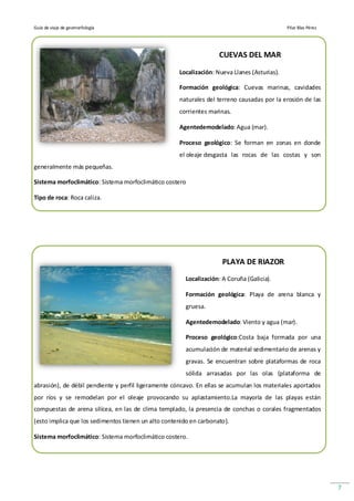 Guía de viaje de geomorfología                                                                Pilar Blas Pérez




                                                                    CUEVAS DEL MAR

                                                     Localización: Nueva Llanes (Asturias).

                                                     Formación geológica: Cuevas marinas, cavidades
                                                     naturales del terreno causadas por la erosión de las
                                                     corrientes marinas.

                                                     Agentedemodelado: Agua (mar).

                                                     Proceso geológico: Se forman en zonas en donde
                                                     el oleaje desgasta las rocas de las costas y son
generalmente más pequeñas.

Sistema morfoclimático: Sistema morfoclimático costero

Tipo de roca: Roca caliza.




                                                                      PLAYA DE RIAZOR
                                                        Localización: A Coruña (Galicia).

                                                        Formación geológica: Playa de arena blanca y
                                                        gruesa.

                                                        Agentedemodelado: Viento y agua (mar).

                                                        Proceso geológico:Costa baja formada por una
                                                        acumulación de material sedimentario de arenas y
                                                        gravas. Se encuentran sobre plataformas de roca
                                                        sólida arrasadas por las olas (plataforma de
abrasión), de débil pendiente y perfil ligeramente cóncavo. En ellas se acumulan los materiales aportados
por ríos y se remodelan por el oleaje provocando su aplastamiento.La mayoría de las playas están
compuestas de arena silícea, en las de clima templado, la presencia de conchas o corales fragmentados
(esto implica que los sedimentos tienen un alto contenido en carbonato).

Sistema morfoclimático: Sistema morfoclimático costero.




                                                                                                                 7
 
