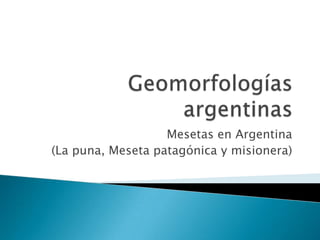 Mesetas en Argentina
(La puna, Meseta patagónica y misionera)
 