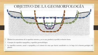 OBJETIVO DE LA GEOMORFOLOGÍA
• Deducir los antecedentes de la superficie terrestre y, en su caso, predecir su posible evolución futura.
• Concepto de superficie topográfica y superficie geomorfológica
• La superficie terrestre, actual o topográfica, es la síntesis de otras que fueron sucediendo se a lo largo de la historia geológica del
planeta.
 