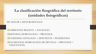 La clasificación fisográfica del territorio
(unidades fisiográficas)
DE MAYOR A MENOR DETALLE:
AMBIENTES: RELIEVE + GEOLOGÍA
SISTEMAS: MORFOLOGÍA + PROCESOS
UNIDADES: LITOLOGÍA + DEPOSITOS + PENDIENTES
ELEMENTOS: MORFOLOGÍA DE DETALLE + PROCESOS +
VEGETACIÓN.
 