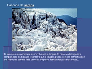 Cascada de  seracs   Si la ruptura de pendiente es muy brusca la lengua de hielo se desorganiza, rompiéndose en bloques ("seracs"). En la imagen puede verse la estratificación del hielo (las bandas más oscuras, de polvo, reflejan épocas más secas).  