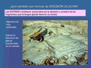 …  pero también son formas de EROSIÓN GLACIAR: Las  ESTRÍAS  (‘arañazos’ producidos por la abrasión y arrastre de los fragmentos que la lengua glaciar lleva en su fondo) Algunas son muy profundas Indican la dirección del glaciar cuando éste se ha retirado 