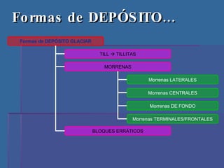 Formas de DEPÓSITO… Formas de DEPÓSITO GLACIAR TILL    TILLITAS MORRENAS BLOQUES ERRÁTICOS Morrenas LATERALES Morrenas CENTRALES Morrenas DE FONDO Morrenas TERMINALES/FRONTALES 