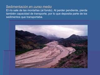 Sedimentación en curso medio   El río sale de las montañas (al fondo). Al perder pendiente, pierde también capacidad de transporte, por lo que deposita parte de los sedimentos que transportaba.  