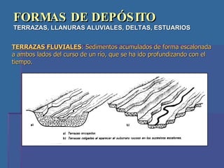 FORMAS DE DEPÓSITO TERRAZAS, LLANURAS ALUVIALES, DELTAS, ESTUARIOS TERRAZAS FLUVIALES : Sedimentos acumulados de forma escalonada a ambos lados del curso de un río, que se ha ido profundizando con el tiempo. 