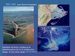 DELTAS  (con forma triangular) Depósitos de limos y arcillas en la desembocadura de un río (existe poco oleaje). Si hay fuerte oleaje:  ESTUARIO . 