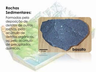 Rochas
Sedimentares:
Formadas pela
deposição de
detritos de outras
rochas, pelo
acúmulo de
detritos orgânicos,
ou pelo acúmulo
de precipitados
químicos.             basalto
 