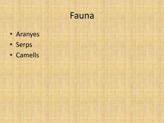 Fauna
• Aranyes
• Serps
• Camells
 