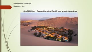 Mas extenso: Sechura
Mas árido: Ica
HUACACHINA Es considerado el OASIS mas grande de América
 