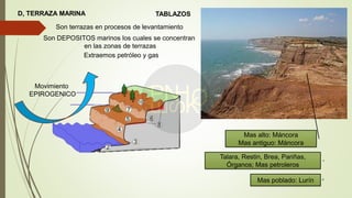 D, TERRAZA MARINA TABLAZOS
Son terrazas en procesos de levantamiento
Movimiento
EPIROGENICO
Son DEPOSITOS marinos los cuales se concentran
en las zonas de terrazas
Extraemos petróleo y gas
Mas alto: Máncora
Mas antiguo: Máncora
Talara, Restin, Brea, Pariñas,
Órganos; Mas petroleros
Mas poblado: Lurín
 