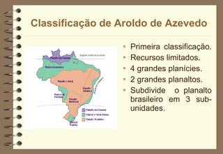 Classificação de Aroldo de Azevedo Primeira classificação.  Recursos limitados. 4 grandes planícies. 2 grandes planaltos. Subdivide  o planalto brasileiro em 3 sub-unidades. 