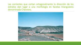 Las corrientes que cortan ortogonalmente la dirección de los
estratos dan lugar a una morfología en facetas triangulares
denominada Chevrons.
 