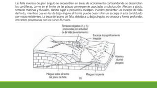 Las falla inversas de gran ángulo se encuentran en áreas de acotamiento cortical donde se desarrollan
las cordilleras, como en el limite de las placas convergentes asociadas a subducción. Afectan a glacis,
terrazas marinas y fluviales, dando lugar a pequeños escarpes. Pueden presentar un escarpe de falla
definido, mientras que en las de bajo ángulo el frente puede desarrollar un escarpe si esta constituido
por rocas resistentes. La traza del plano de falla, debido a su bajo ángulo, es sinuosa y forma profundas
entrantes provocadas por los cursos fluviales.
 