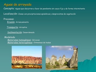 Aguas de arroyada
Concepto: Aguas que discurren a favor de pendiente sin cauce fijo y de forma intermitente

Localización: Zonas con precipitaciones episódicas y desprovistas de vegetación

Procesos:
   Erosión: Arrancamiento

   Transporte: Arrastre

    Sedimentación: Desordenada

Modelado
    Materiales homogéneos: Cárcavas
    Materiales heterogéneos: Chimeneas de hadas
 