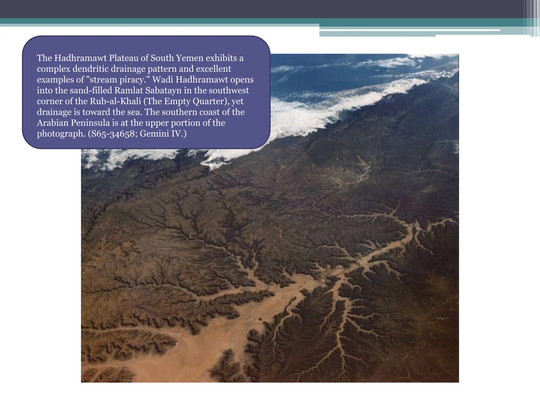 The Hadhramawt Plateau of South Yemen exhibits a
complex dendritic drainage pattern and excellent
examples of "stream piracy." Wadi Hadhramawt opens
into the sand-filled Ramlat Sabatayn in the southwest
corner of the Rub-al-Khali (The Empty Quarter), yet
drainage is toward the sea. The southern coast of the
Arabian Peninsula is at the upper portion of the
photograph. (S65-34658; Gemini IV.)
 