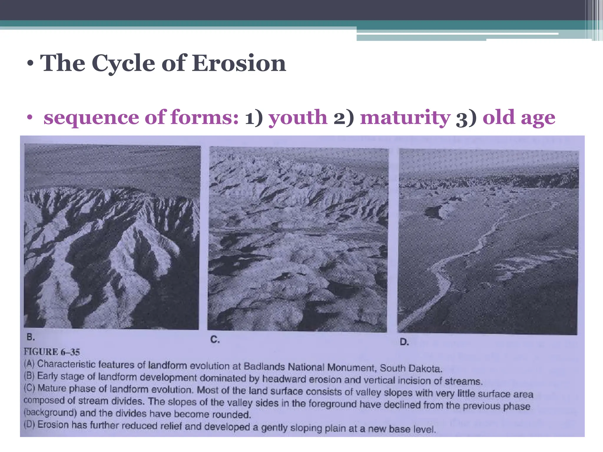 • The Cycle of Erosion
• sequence of forms: 1) youth 2) maturity 3) old age
 