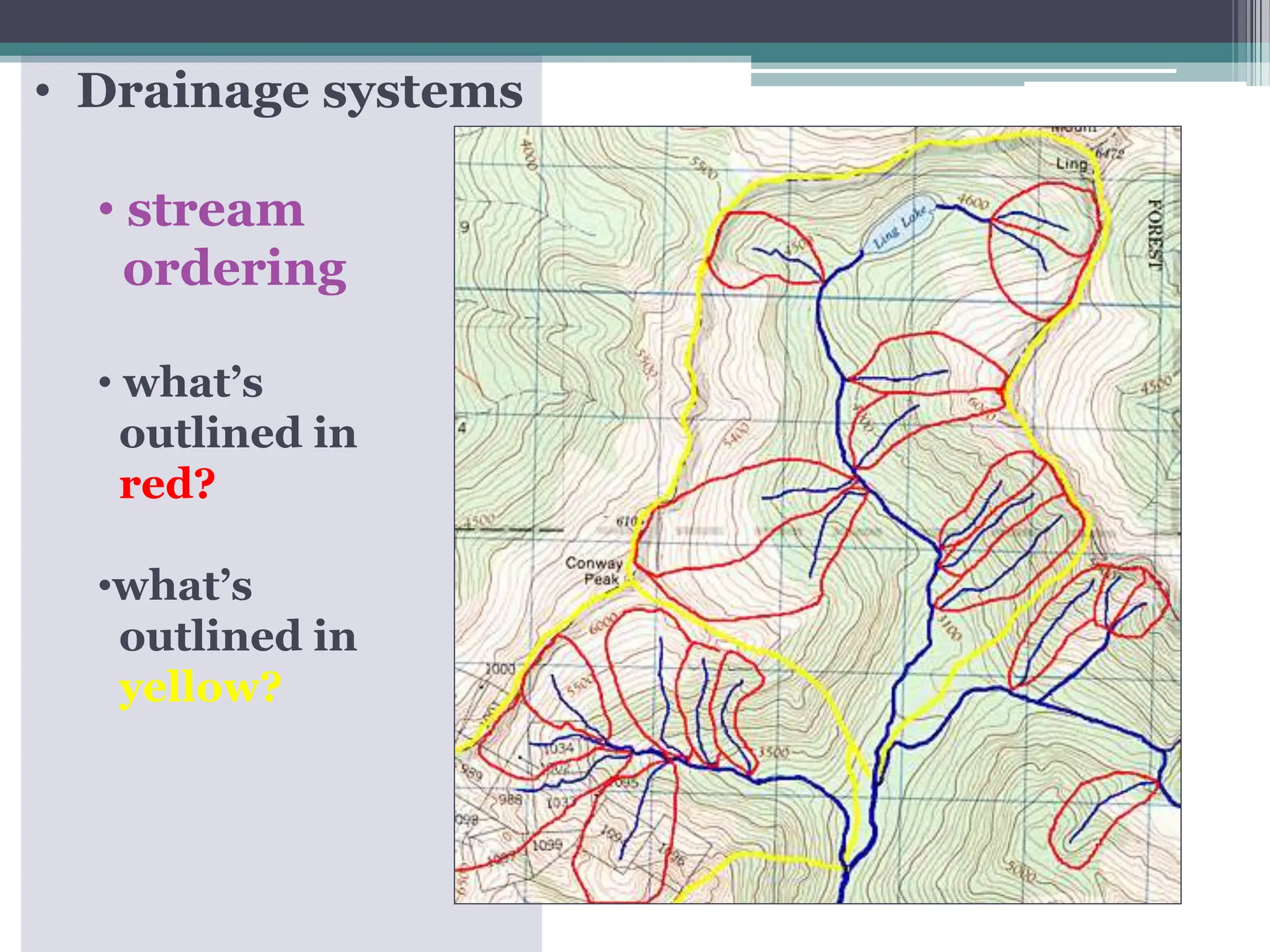• Drainage systems
• stream
ordering
• what’s
outlined in
red?
•what’s
outlined in
yellow?
 