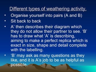 Different types of weathering activity. Organise yourself into pairs (A and B) Sit back to back A’ then describes their diagram which they do not allow their partner to see. ‘B’ has to draw what ‘A’ is describing, aiming to make a perfect replica which is exact in size, shape and detail complete with the labelling.  ‘ B’ may ask as many questions as they like, and it is A’s job to be as helpful as possible. 