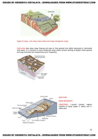 50
Types of creep : soil creep, talus creep rock creep rock glacier creep
Solifluction:slow down slope flowing soil mass or fine grained rock debris saturated or lubricated
with water. It is common in moist temperate areas where surface melting of deeply frozen ground
and long continued rain respectively occur frequently.
MUD FLOW
RAPID MOVEMENTS
CONDITIONS: 1.humid climatic regions
2.gentle to steep slopes 3. Heavy rain 4.
Loose soils
ISSUED BY KENDRIYA VIDYALAYA - DOWNLOADED FROM WWW.STUDIESTODAY.COM
ISSUED BY KENDRIYA VIDYALAYA - DOWNLOADED FROM WWW.STUDIESTODAY.COM
 