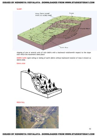 52
SLUMP:
slipping of one or several units of rock debris with a backward rotationwith respect to the slope
over which the movement takes place
DEBRIS SLIDE:rapid rolling or sliding of earth debris without backward rotation of mass is known as
debris slide.
Debris slide
ROCK FALL
ISSUED BY KENDRIYA VIDYALAYA - DOWNLOADED FROM WWW.STUDIESTODAY.COM
ISSUED BY KENDRIYA VIDYALAYA - DOWNLOADED FROM WWW.STUDIESTODAY.COM
 