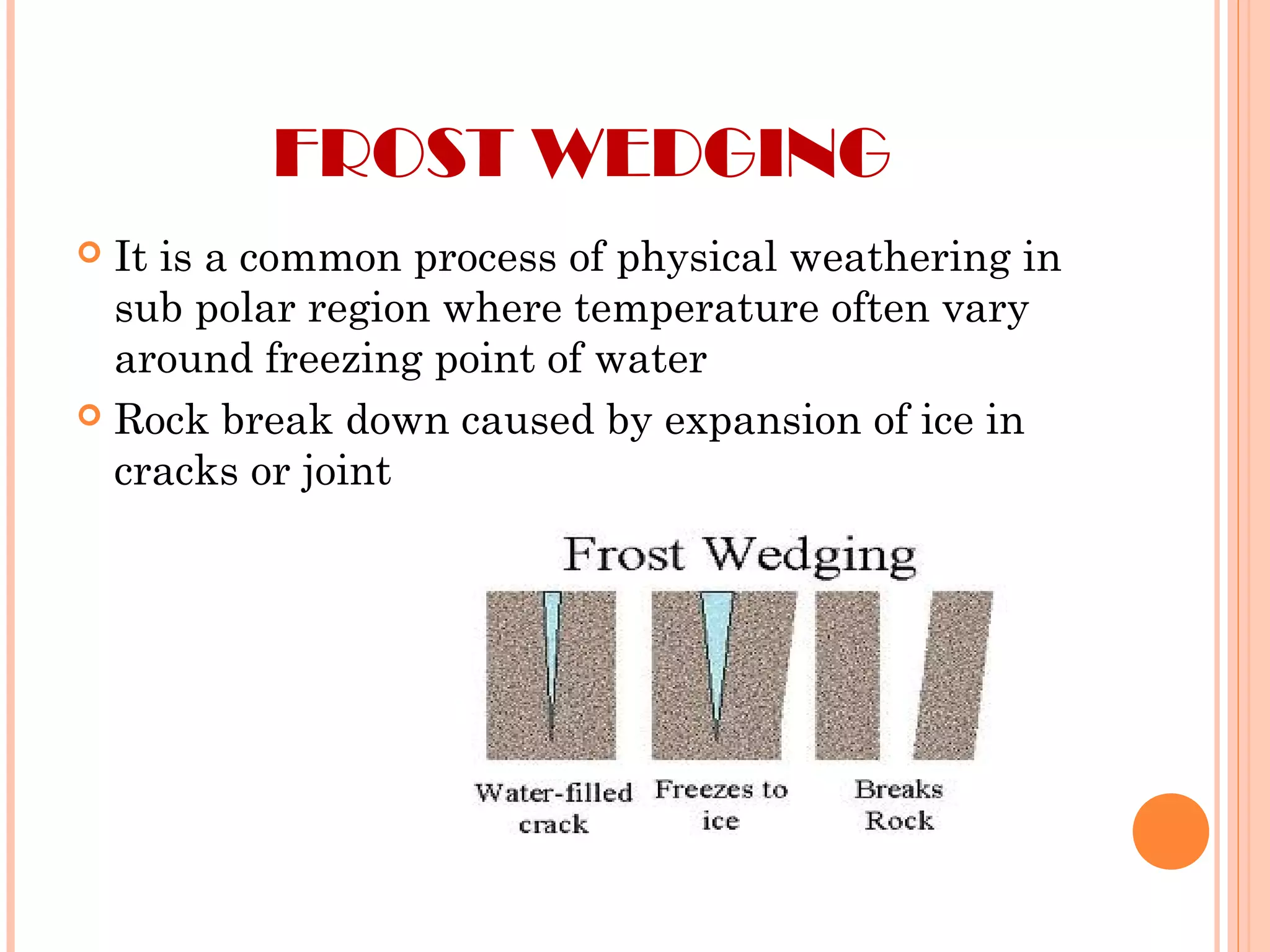 FROST WEDGING
 It is a common process of physical weathering in
sub polar region where temperature often vary
around freezing point of water
 Rock break down caused by expansion of ice in
cracks or joint
 
