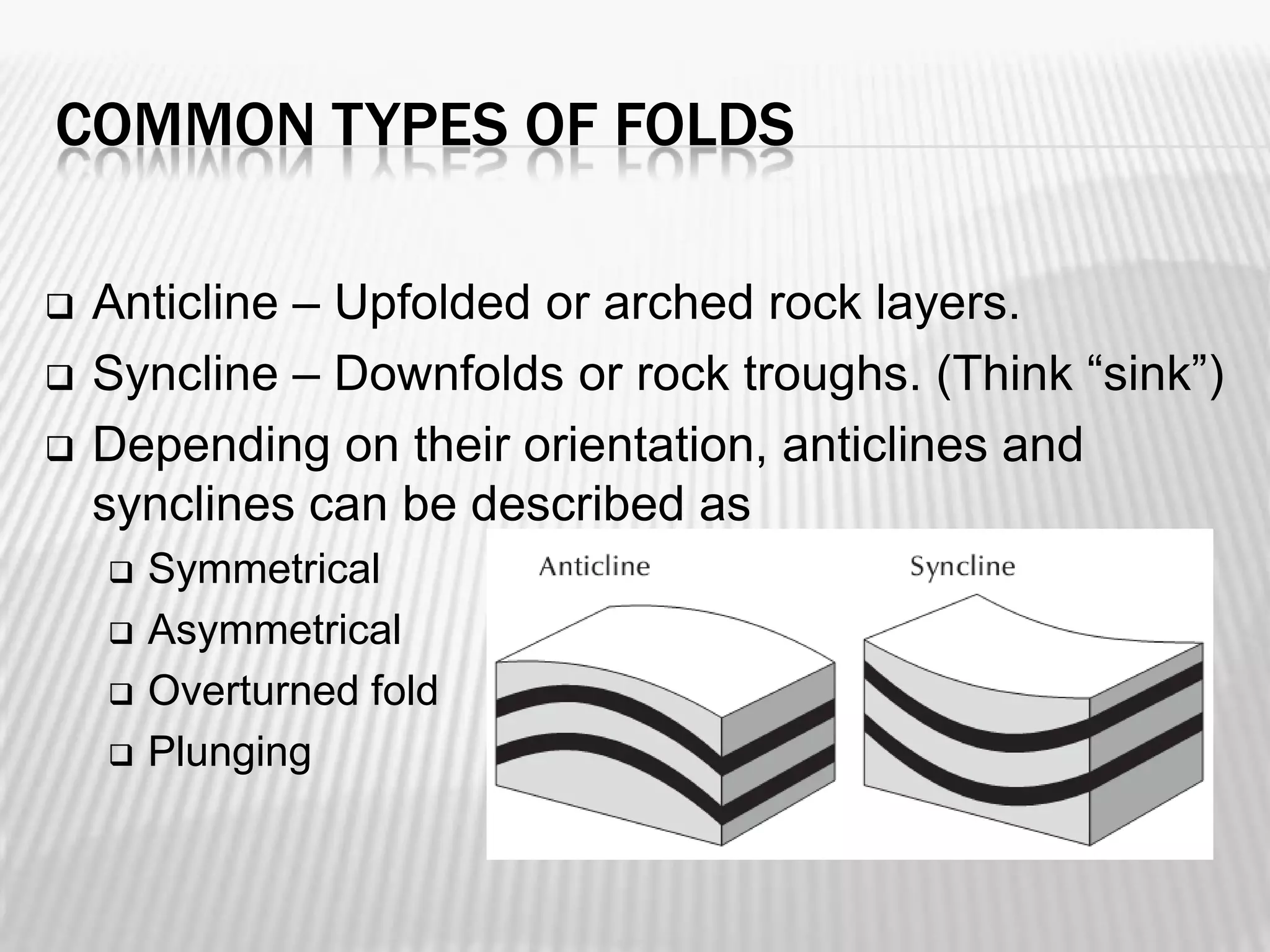 COMMON TYPES OF FOLDS




Anticline – Upfolded or arched rock layers.
Syncline – Downfolds or rock troughs. (Think “sink”)
Depending on their orientation, anticlines and
synclines can be described as





Symmetrical
Asymmetrical
Overturned fold
Plunging

 