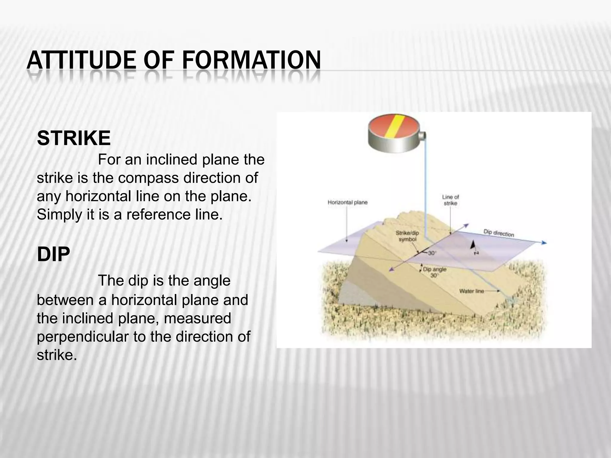 ATTITUDE OF FORMATION
STRIKE
For an inclined plane the
strike is the compass direction of
any horizontal line on the plane.
Simply it is a reference line.

DIP
The dip is the angle
between a horizontal plane and
the inclined plane, measured
perpendicular to the direction of
strike.

 