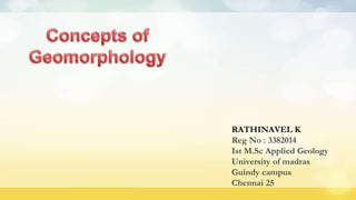 RATHINAVEL K
Reg No : 3382014
Ist M.Sc Applied Geology
University of madras
Guindy campus
Chennai 25
 