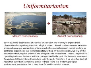 Scientists make observations of an event or an object and then try to explain those
observations by organizing them into a logical system. As rock bodies can cover extensive
areas and represent vast periods of time, much of geological research cannot be done as
controlled experiments in a formal laboratory setting. In these situations, we rely on the
assumption that physical, chemical and biological laws are constant. That is, the processes
operating today are the same as those that operated in the past. For instance, since water
flows down hill today, it must have done so in the past. Therefore, if we identify a body of
rocks that exhibits characteristics similar to those found in a modern geological
environment, we assume that it must have formed in a similar manner.
Uniformitarianism
Ancient river channels

Modern river channels
Photos by W. W. Little
Photographer unknown
 