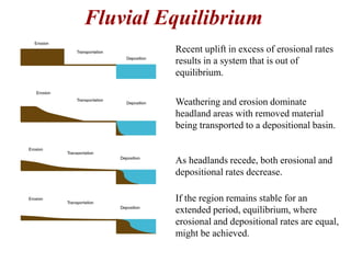 Fluvial Equilibrium
Recent uplift in excess of erosional rates
results in a system that is out of
equilibrium.
Weathering and erosion dominate
headland areas with removed material
being transported to a depositional basin.
As headlands recede, both erosional and
depositional rates decrease.
If the region remains stable for an
extended period, equilibrium, where
erosional and depositional rates are equal,
might be achieved.
 