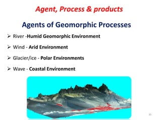 Agents of Geomorphic Processes
 River -Humid Geomorphic Environment
 Wind - Arid Environment
 Glacier/ice - Polar Environments
 Wave - Coastal Environment
30
Agent, Process & products
 