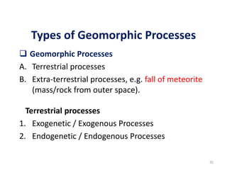 Types of Geomorphic Processes
 Geomorphic Processes
A. Terrestrial processes
B. Extra-terrestrial processes, e.g. fall of meteorite
(mass/rock from outer space).
Terrestrial processes
1. Exogenetic / Exogenous Processes
2. Endogenetic / Endogenous Processes
35
 