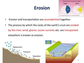 Erosion
• Erosion and transportation are accomplished together.
• The process by which the rocks of the earth’s crust are eroded
by the river, wind, glacier, ocean currents etc. are transported
elsewhere is known as erosion.
43
 