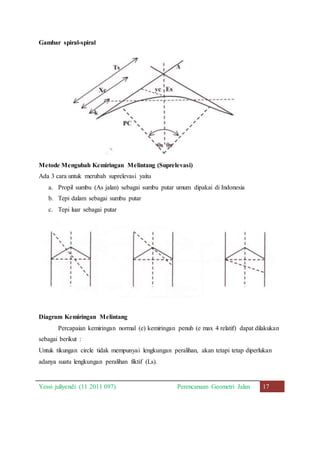 Gambar spiral-spiral 
Metode Mengubah Kemiringan Melintang (Suprelevasi) 
Ada 3 cara untuk merubah suprelevasi yaitu 
a. Propil sumbu (As jalan) sebagai sumbu putar umum dipakai di Indonesia 
b. Tepi dalam sebagai sumbu putar 
c. Tepi luar sebagai putar 
Diagram Kemiringan Melintang 
Percapaian kemiringan normal (e) kemiringan penuh (e max 4 relatif) dapat dilakukan 
sebagai berikut : 
Untuk tikungan circle tidak mempunyai lengkungan peralihan, akan tetapi tetap diperlukan 
adanya suatu lengkungan peralihan fiktif (Ls). 
Yessi juliyendi (11 2011 097) Perencanaan Geometri Jalan 17 
 
