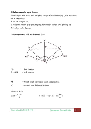 Kebebasan samping pada tikungan 
Pada tikungan tidak selalu harus dilengkapi dengan kebebasan samping (jarak penebasan), 
hal ini tergantung : 
1. Jari-jari tikungan (R) 
2. Kecepatan rencana (Vp) yang langsung berhubungan dengan jarak pandang (s) 
3. Keadaan medan lapangan 
A. Jarak pandang lebih kecil panjang (S<L) 
AB = Garis pandang 
S = ACB = Jarak pandang 
M = Ordinat tengah sumbu jalur dalam ke penghdlang 
 = Setengah sudut lingkaran sepanjang 
Perhatikan ODA : 
R  m 
s 
90. 
m R R 
cos  ) 
R 
R 
 
. 
    
.(1 cos) (1 cos 
Yessi juliyendi (11 2011 097) Perencanaan Geometri Jalan 20 
 