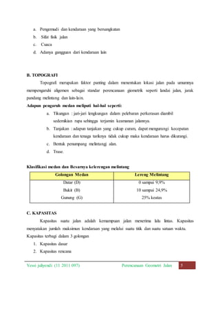 a. Pengemudi dan kendaraan yang bersangkutan 
b. Sifat fisik jalan 
c. Cuaca 
d. Adanya gangguan dari kendaraan lain 
B. TOPOGRAFI 
Topografi merupakan faktor panting dalam menentukan lokasi jalan pada umumnya 
mempengaruhi aligemen sebagai standar perencanaan giometrik seperti landai jalan, jarak 
pandang melintang dan lain-lain. 
Adapun pengaruh medan meliputi hal-hal seperti: 
a. Tikungan : jari-jari lengkungan dalam pelebaran perkerasan diambil 
sedemikian rupa sehingga terjamin keamanan jalannya. 
b. Tanjakan : adapun tanjakan yang cukup curam, dapat mengurangi kecepatan 
kendaraan dan tenaga tariknya tidak cukup maka kendaraan harus dikurangi. 
c. Bentuk penumpang melintangj alan. 
d. Trase. 
Klasifikasi medan dan Besarnya kelerengan melintang 
Golongan Medan Lereng Melintang 
Datar (D) 0 sampai 9,9% 
Bukit (B) 10 sampai 24,9% 
Gunung (G) 25% keatas 
C. KAPASITAS 
Kapasitas suatu jalan adalah kemampuan jalan menerima lalu lintas. Kapasitas 
menyatakan jumlah maksimun kendaraan yang melalui suatu titik dan suatu satuan waktu. 
Kapasitas terbagi dalam 3 golongan 
1. Kapasitas dasar 
2. Kapasitas rencana 
Yessi juliyendi (11 2011 097) Perencanaan Geometri Jalan 5 
 