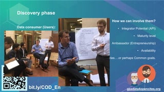 Discovery phase
Data consumer (Users):
• Types of users.
• Their needs.
• Challenges that they have to faced (Frictions)
bit.ly/COD_En geodata4opencites.org
How we can involve them?
• Integrator Potential (API)
• Maturity level
• Ambassador (Entrepreneurship)
• Availability
• Categories….or perhaps Common goals.
 