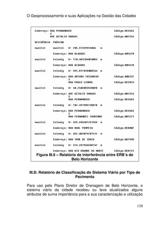 O Geoprocessamento e suas Aplicações na Gestão das Cidades




     Figura III.6 – Relatório de interferência entre ERB’s de
                          Belo Horizonte


 III.D. Relatório de Classificação do Sistema Viário por Tipo de
                             Pavimento

Para uso pelo Plano Diretor de Drenagem de Belo Horizonte, o
sistema viário da cidade recebeu ou teve atualizados alguns
atributos de suma importância para a sua caracterização e utilização


                                                                130
 
