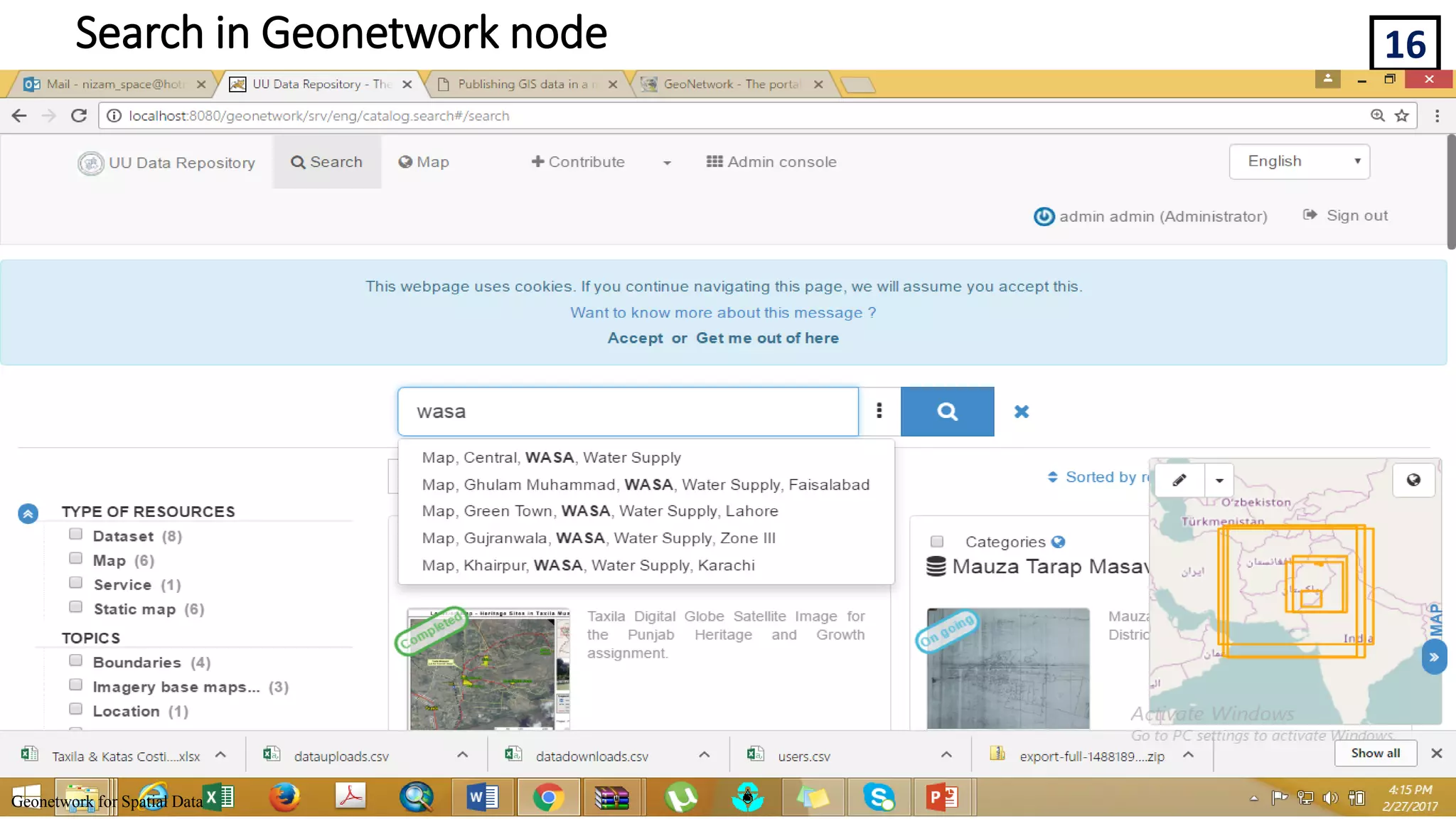 16
Geonetwork for Spatial Data
Search in Geonetwork node
 