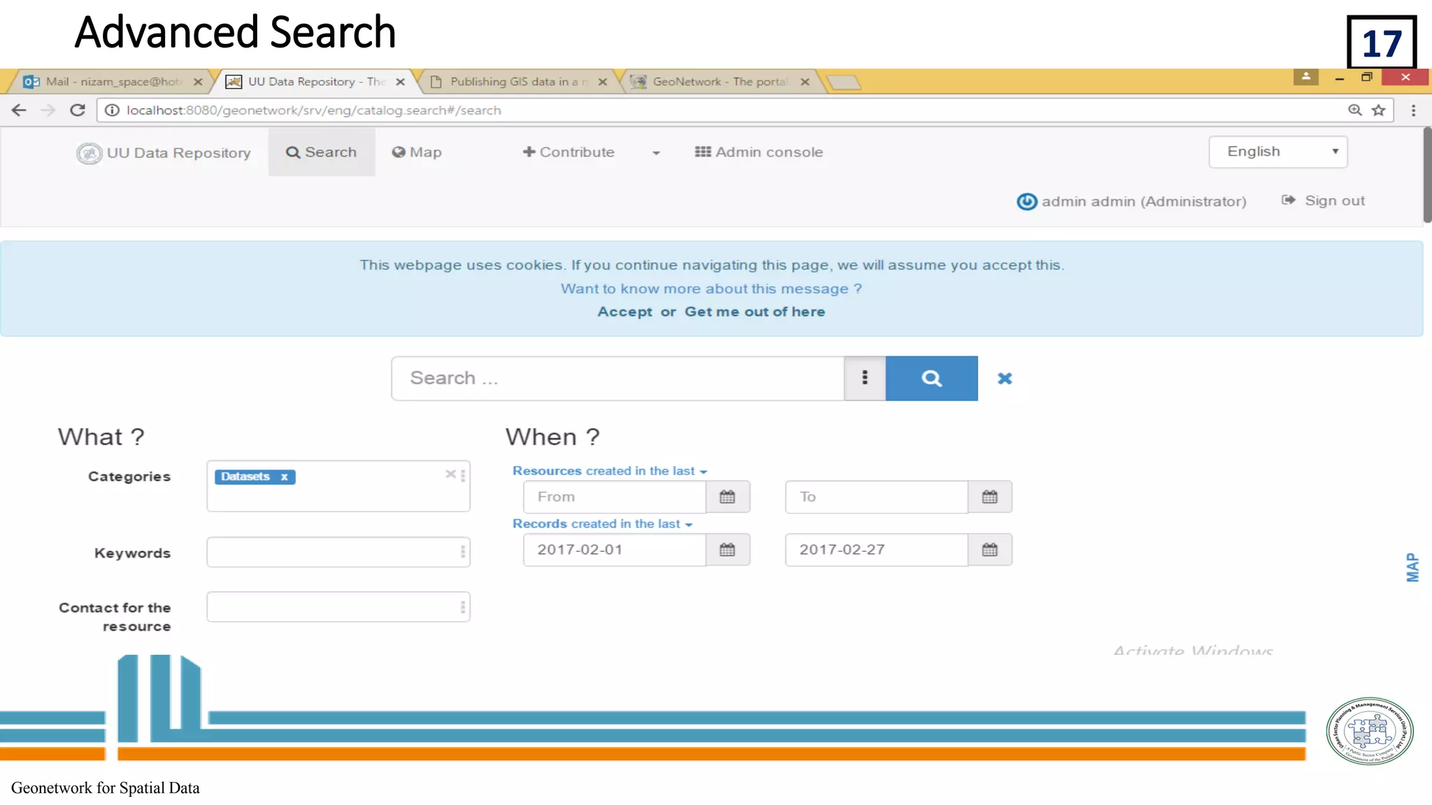 17
Geonetwork for Spatial Data
Advanced Search
 