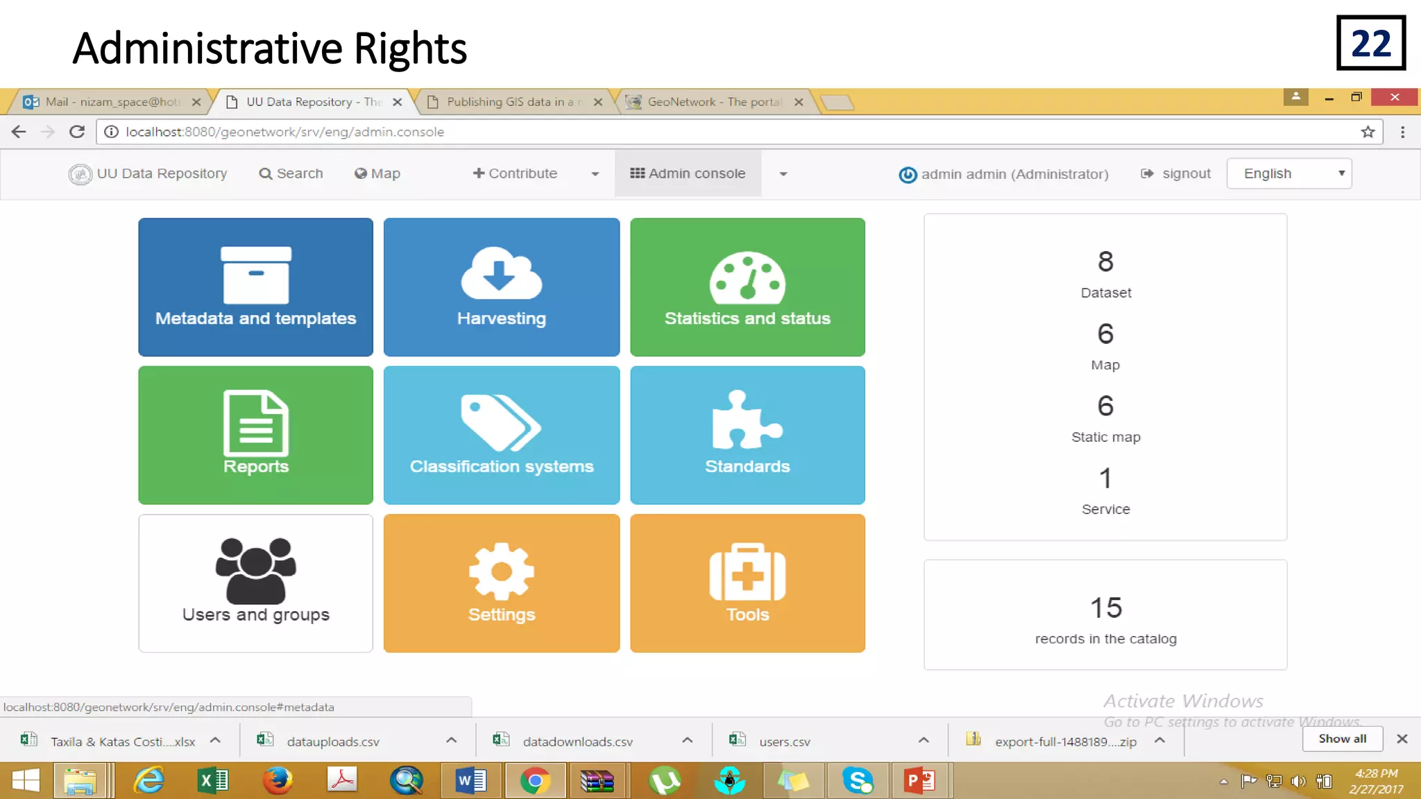 22
Geonetwork for Spatial Data
Administrative Rights
 
