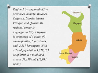 Region 2 is composed of five
provinces, namely: Batanes,
Cagayan, Isabela, Nueva
Vizcaya, and Quirino.Its
regional center is
Tuguegarao City. Cagayan
is composed of 4 cities, 90
municipalities, 5 provinces,
and 2,311 barangays. With
a Total population 3,229,163
as of 2010. It’s total land
area is 31,159 km2 (12,031
sq mi).
 