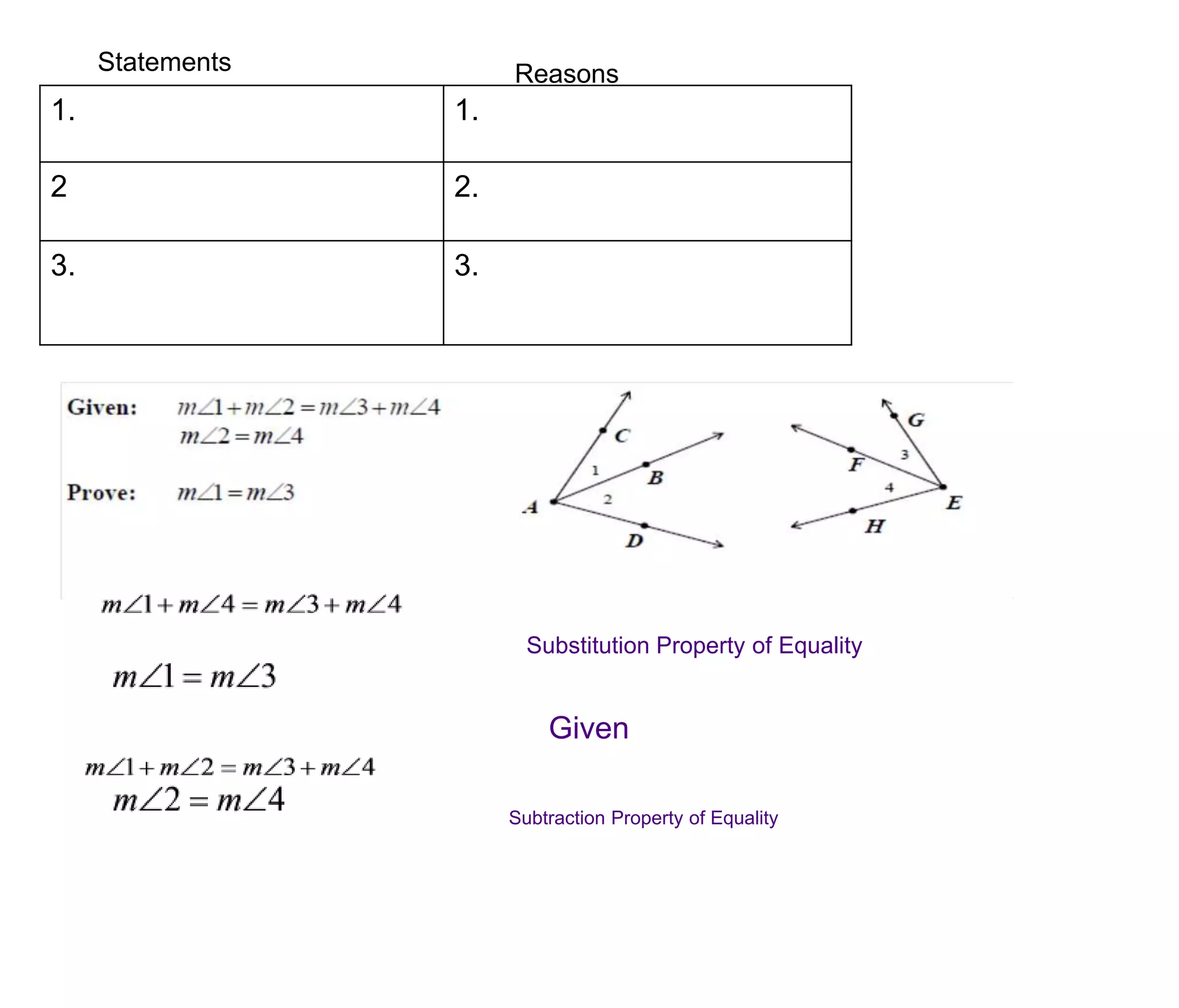 Statements Reasons 
1. 1. 
2 2. 
3. 3. 
Substitution Property of Equality 
Given 
Subtraction Property of Equality 
 